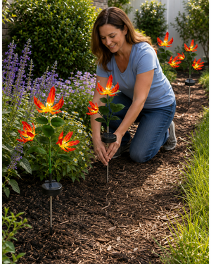 A woman kneeling in a garden bed, placing a solar flower stake among bright orange and red artificial flowers, mulch, purple flowers, and a house fence in the background.