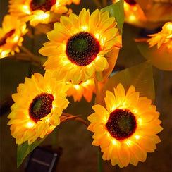solar sunflower garden stake lights glowing beside pathway and flower bed at night