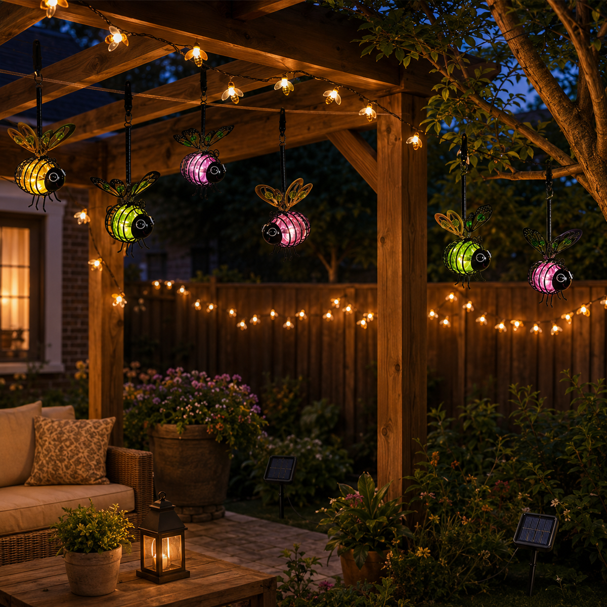 Bee-shaped string lights glowing along garden greenery after dark