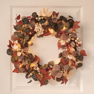 Pre-lit berry harvest autumn wreath with foliage and warm white lights