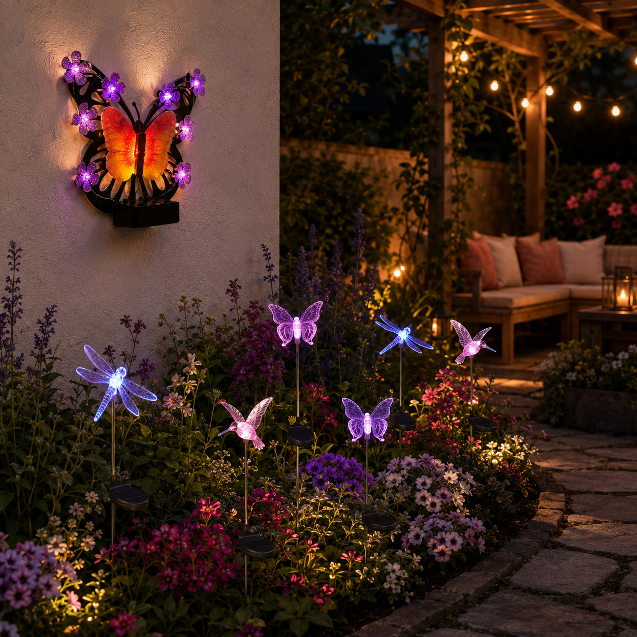 Solar butterfly wall light and assorted stake lights glowing beside a patio seating corner