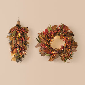 Pre-lit maple orchard autumn wreath and bough with warm white lights