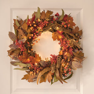 Pre-lit maple orchard autumn wreath with foliage and warm white lights