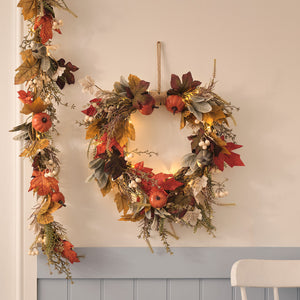 Pre-lit pumpkin lane autumn wreath and garland with warm white lights