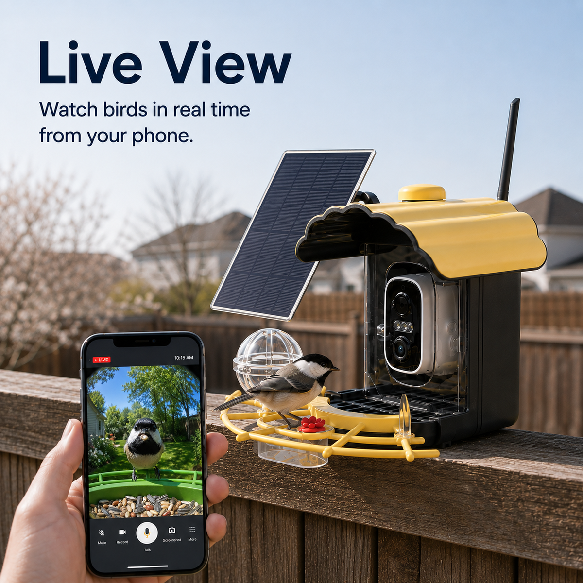 Live View app shown beside a yellow smart bird feeder camera
