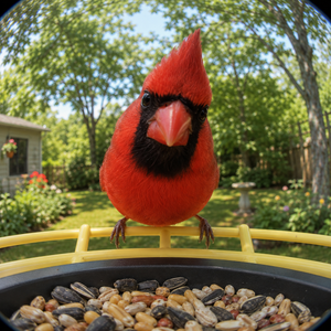 Cardinal at a yellow smart bird feeder camera