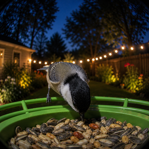 Chickadee feeding at a green smart bird feeder camera at night
