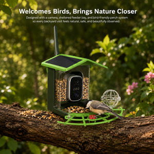 Green solar smart bird feeder camera on a tree branch