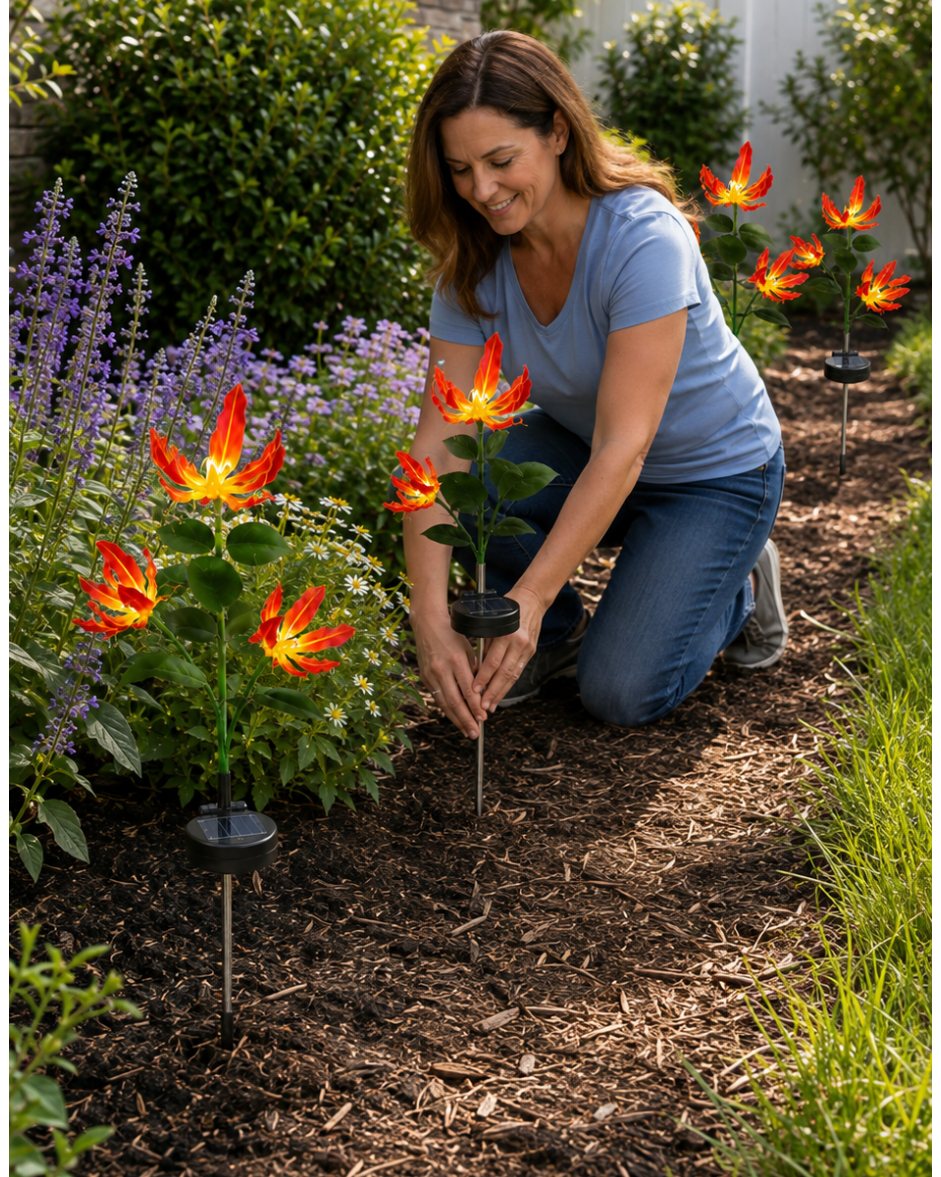 A woman kneeling in a garden bed, placing a solar flower stake among bright orange and red artificial flowers, mulch, purple flowers, and a house fence in the background.