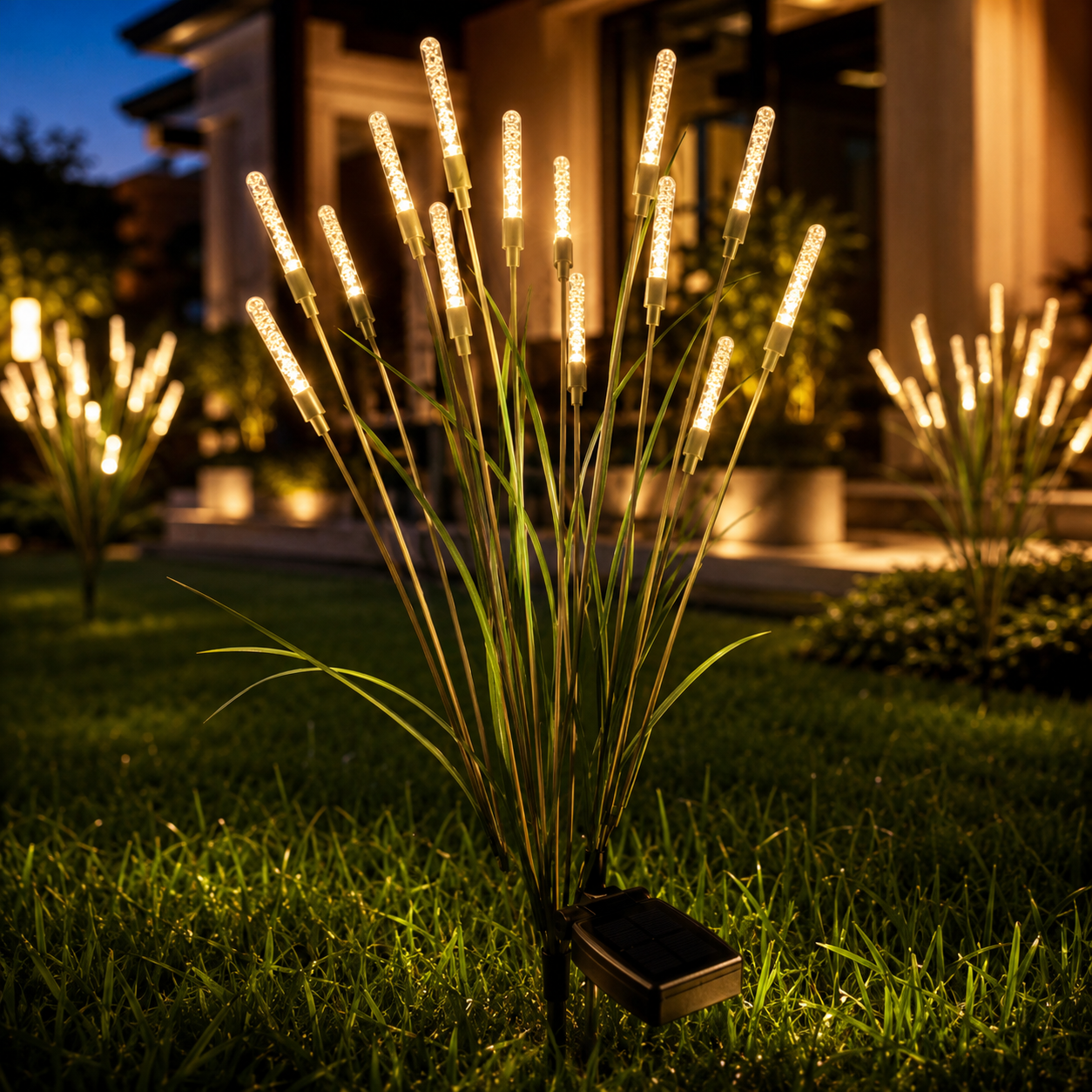 solar bubble stick garden stake lights sparkling along pathway lawn and flower bed