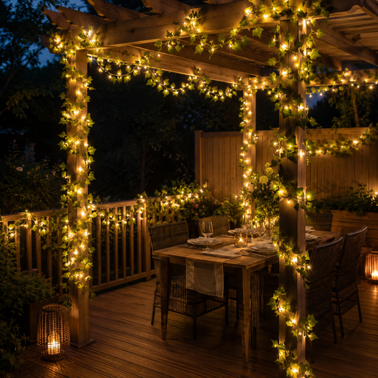 Solar ivy vine string lights draped across a garden pergola at dusk