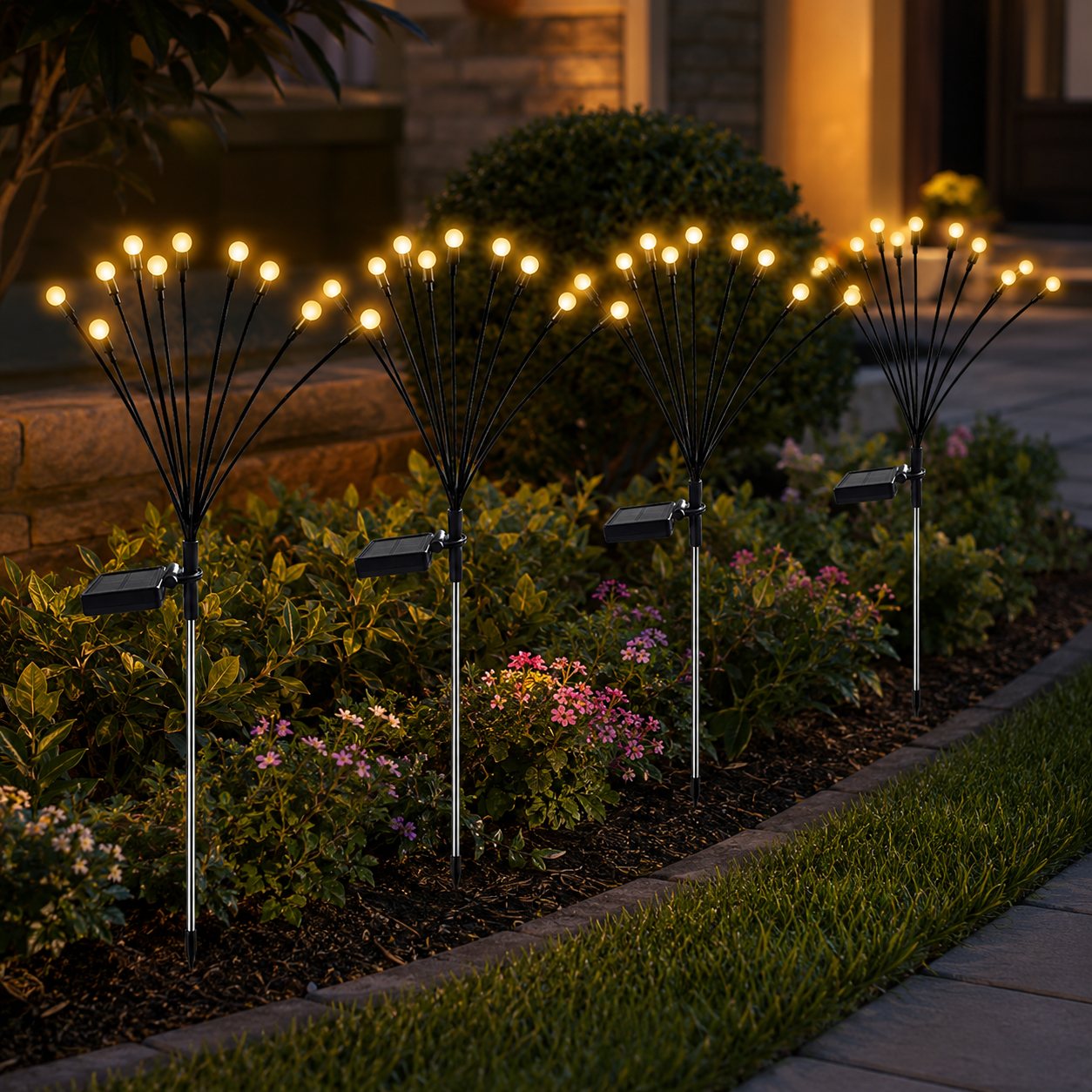 solar firefly garden lights creating warm glow across lawn pathway and backyard