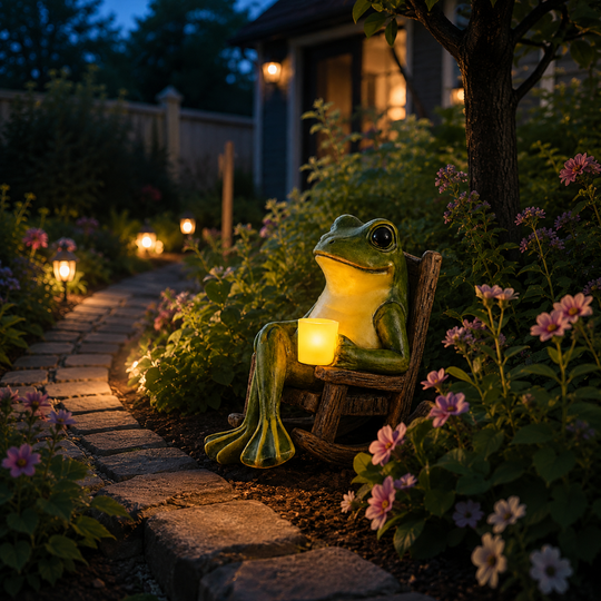 Illuminated frog garden statue nestled beside patio plants after dark