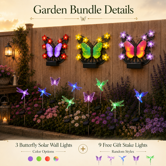 Butterfly wall light and assorted garden stakes glowing together in an evening garden