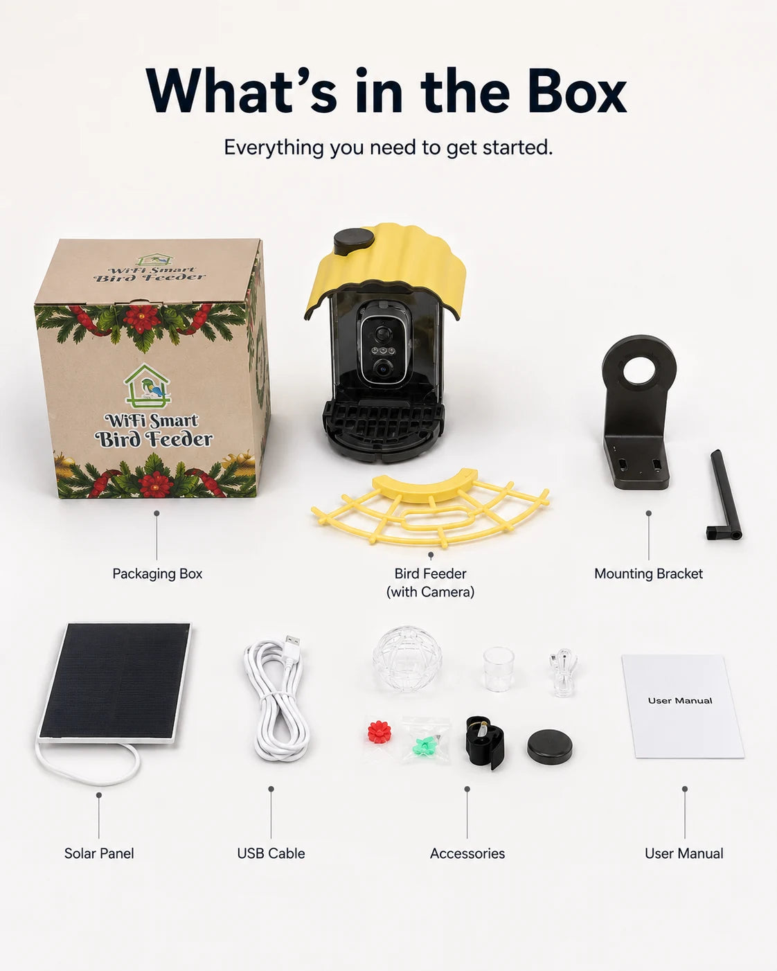 Smart bird feeder camera and the items included in the box