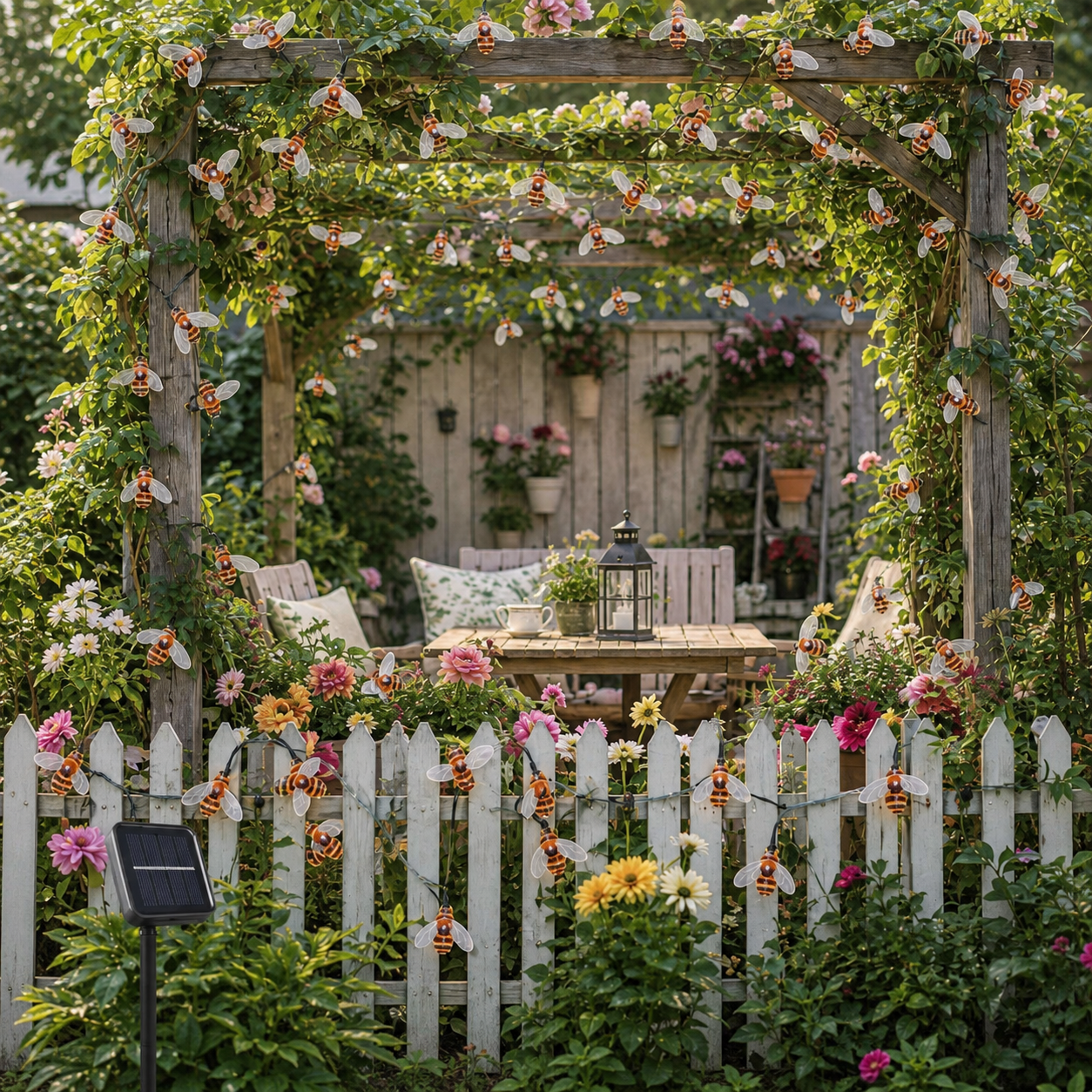 Solar honey bee string lights arranged across a garden pergola and picket fence in daylight