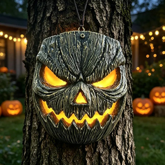 Wood-grain pumpkin wall light glowing beside a Halloween porch doorway
