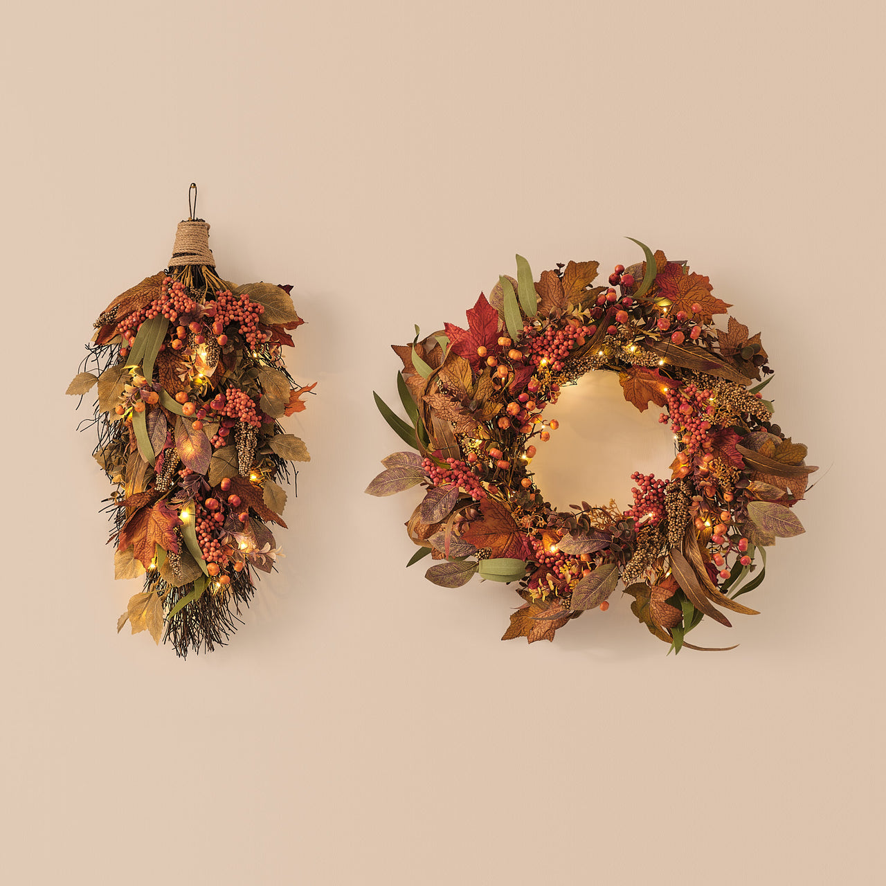Pre-lit maple orchard autumn wreath and bough with warm white lights