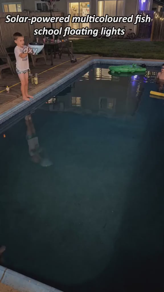 solar floating pool and pond light creating magical water reflection in backyard at night