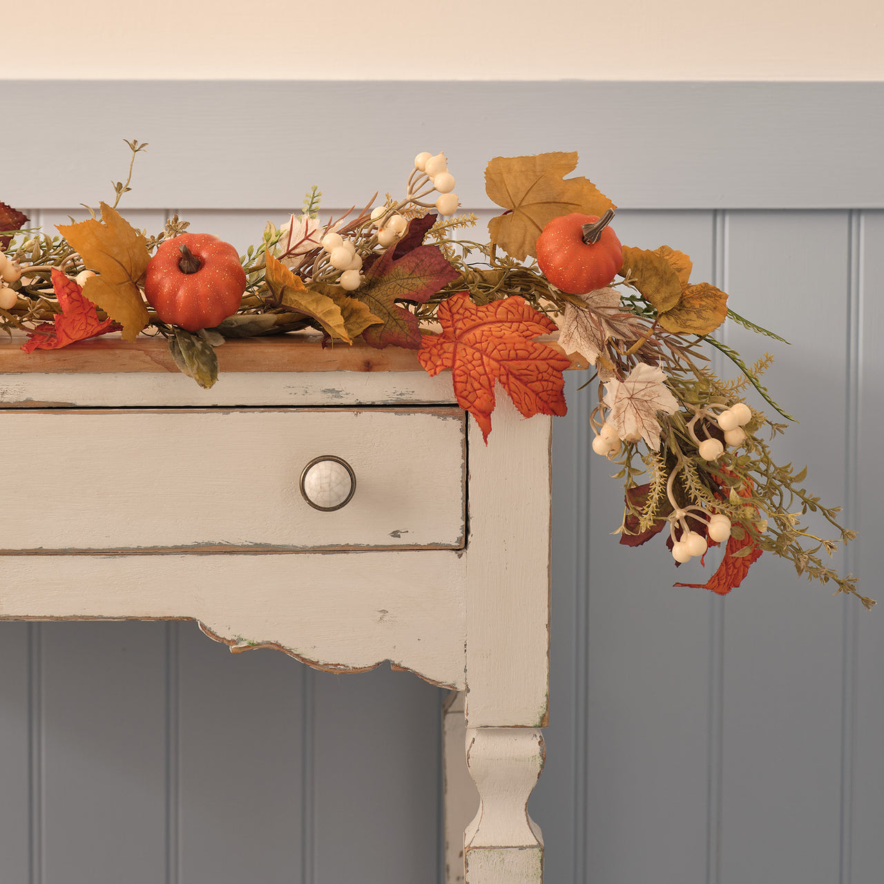 Pre-lit pumpkin lane autumn garland with foliage and warm white lights