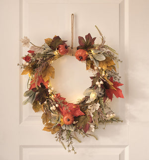 Pre-lit pumpkin lane autumn wreath with foliage and warm white lights