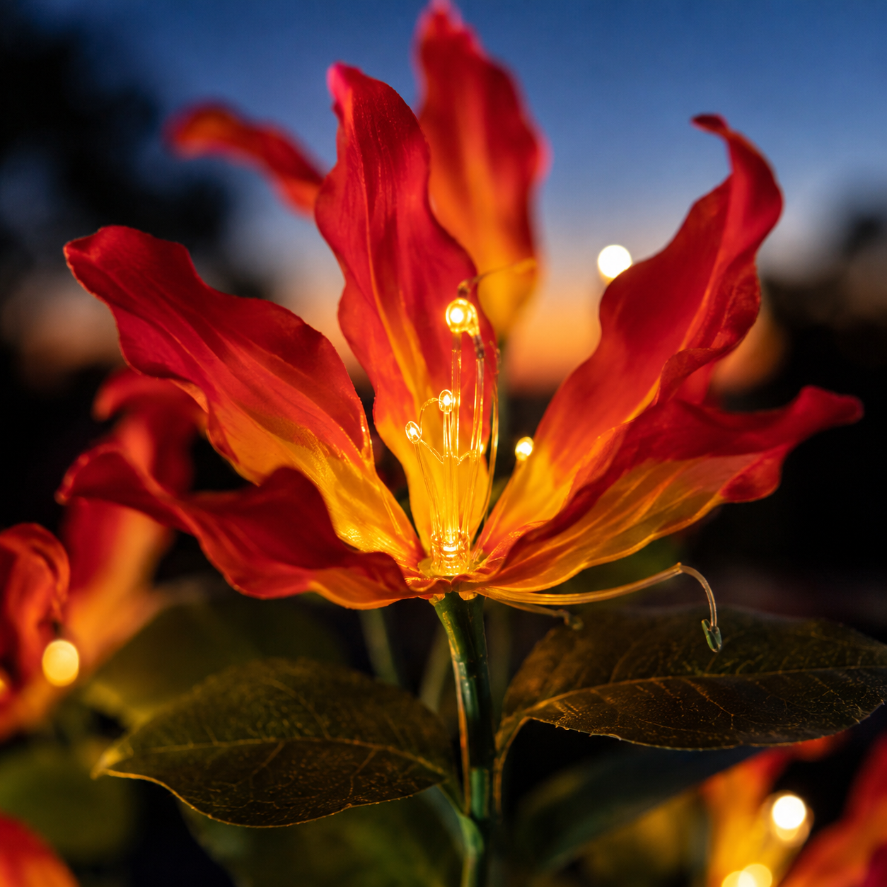 Close view of a red and gold flame lily light glowing at night