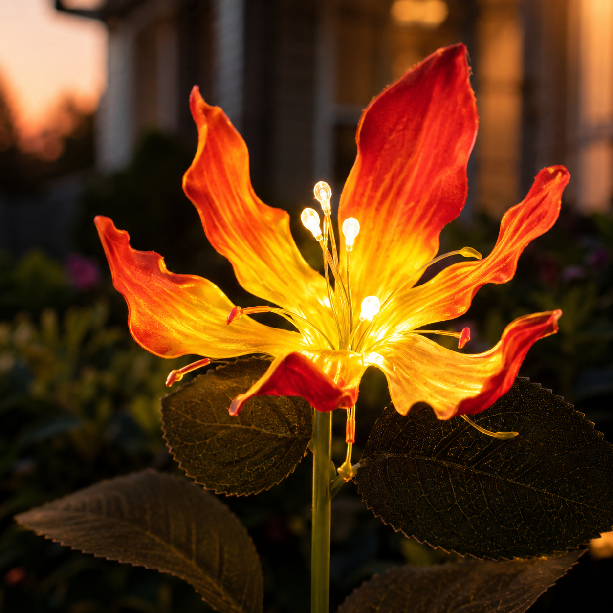 Red and gold flame lily light glowing after dark
