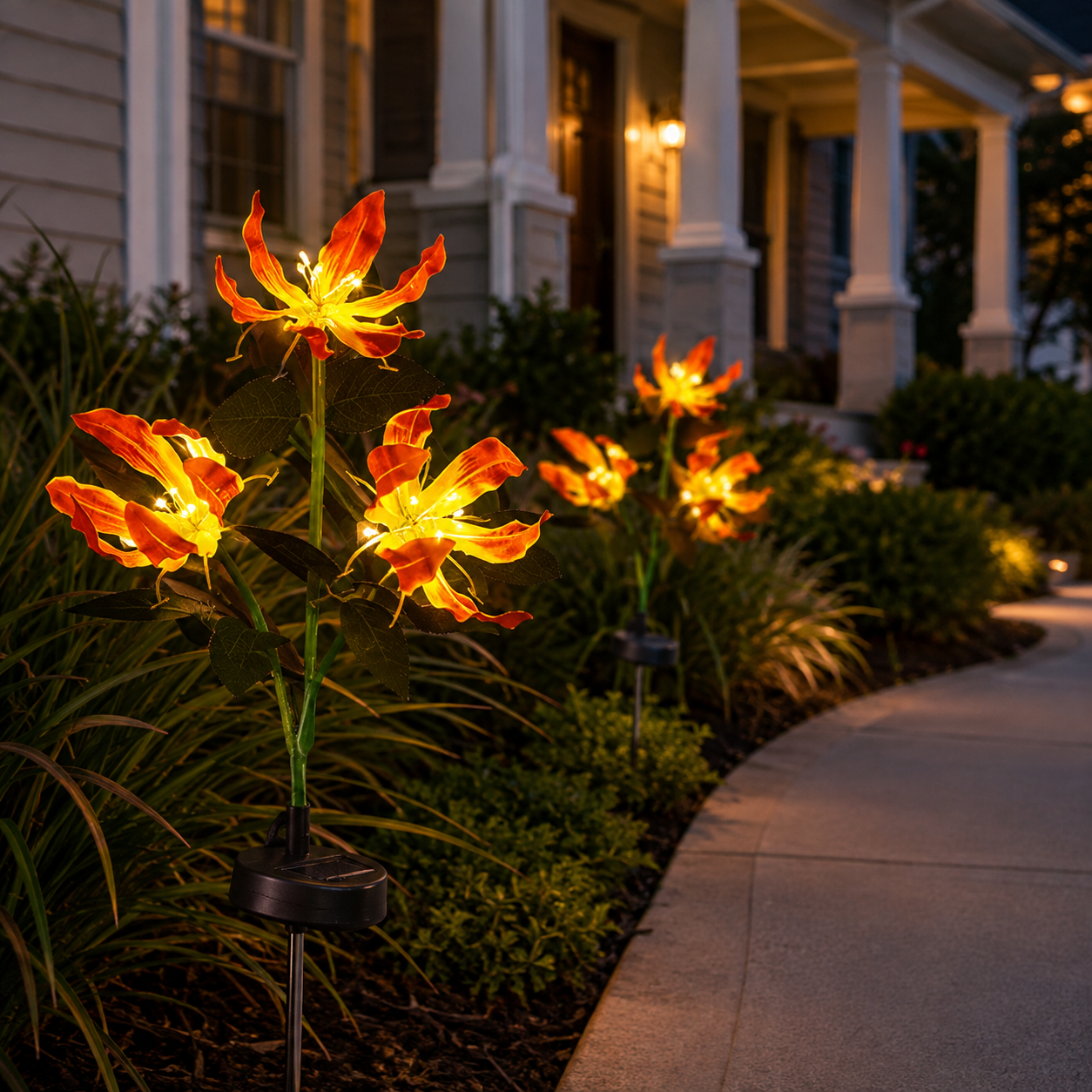 Glowing flame lily solar stake lights beside a garden path at night