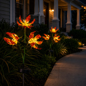 Solar fire lily blooms creating a warm garden scene after dark