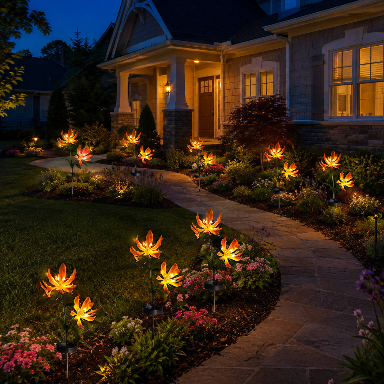 Solar flame lily lights tracing a curved garden walkway at night