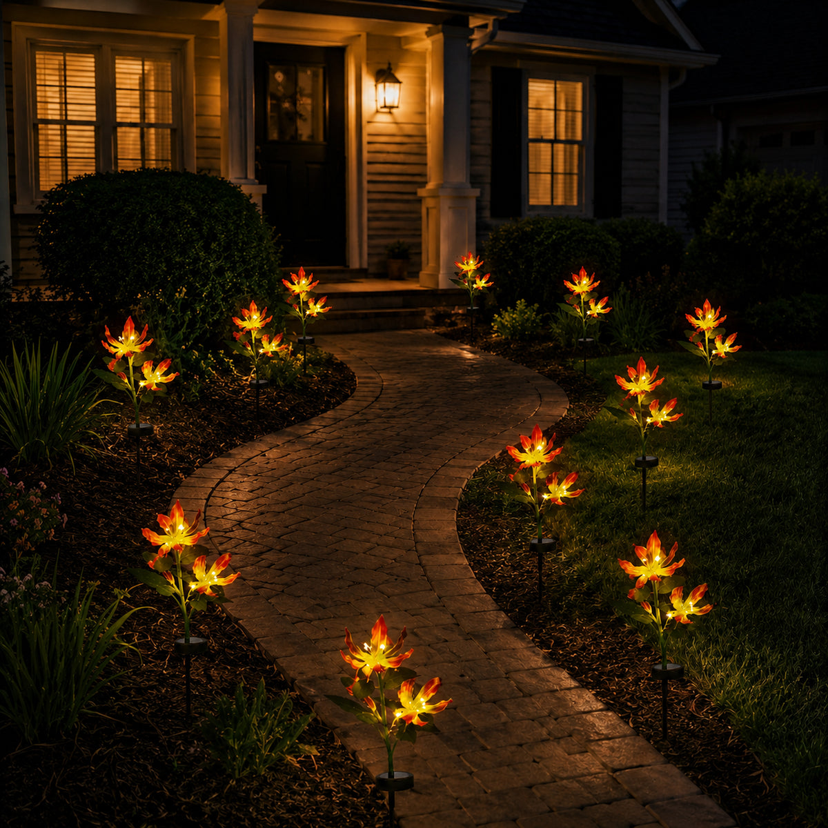 Warm solar fire lily lights tracing a curved path after sunset