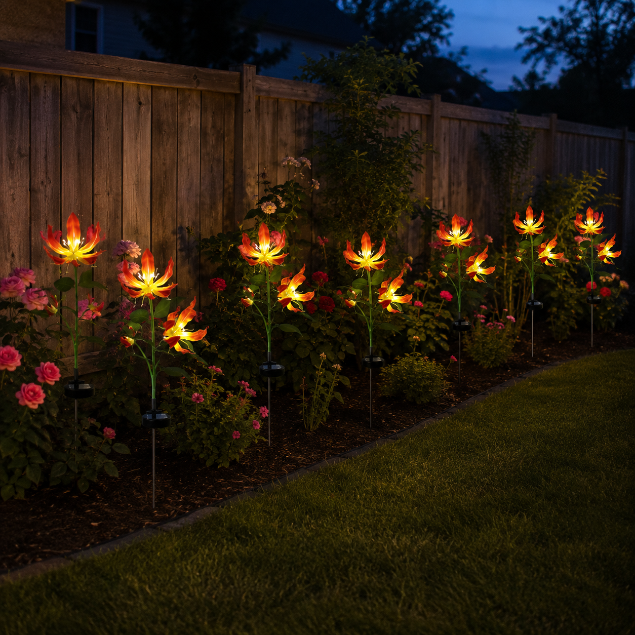 A fuller row of solar flame lily lights along a fence at night