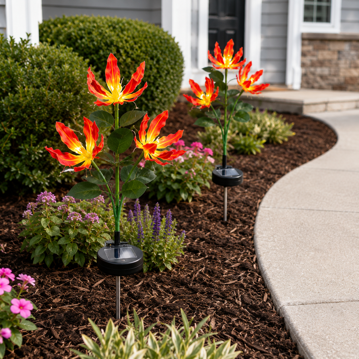 Solar flame lily lights tucked among flowers beside a walkway