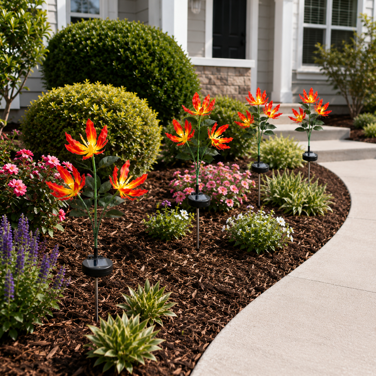 A small group of solar flame lily lights in a daytime garden bed