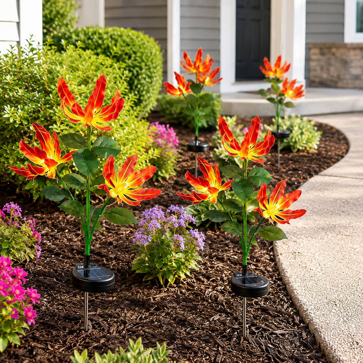 Solar flame lily stake lights arranged in a front flower bed during the day