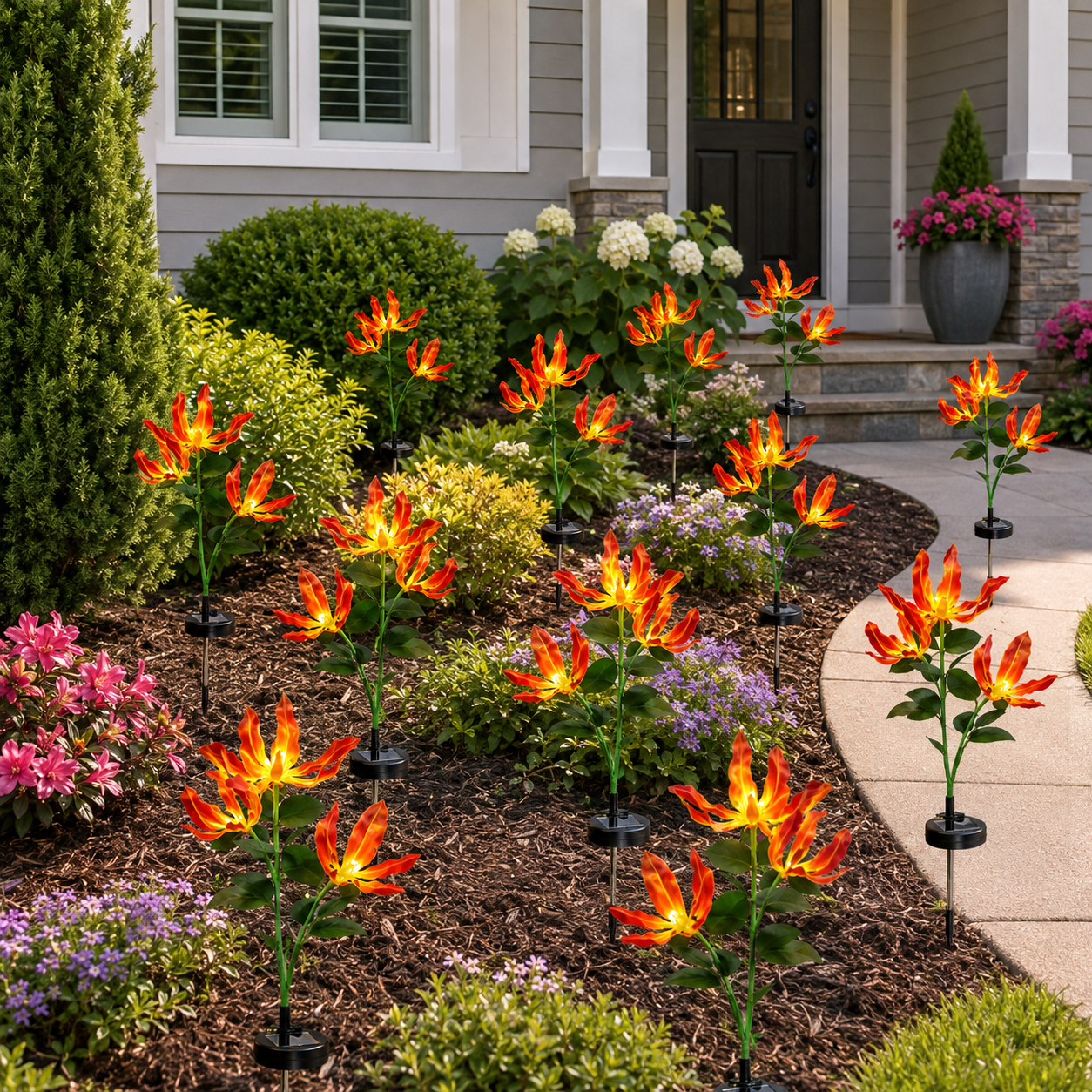 Solar flame lily lights following a front walkway during the day