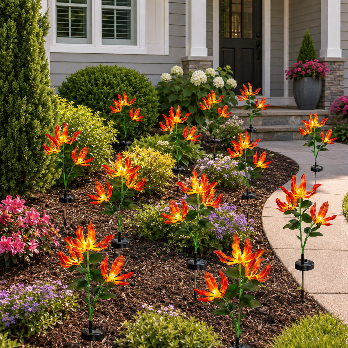 Solar fire lily stakes placed along a front walkway in daylight