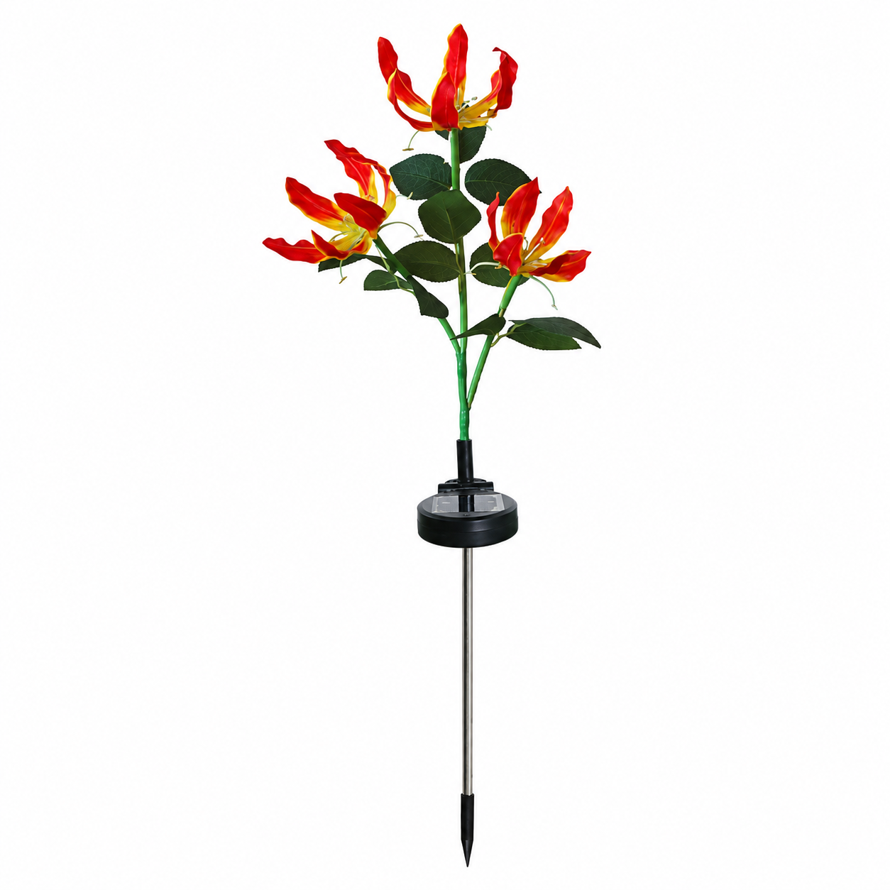 One solar flame lily garden stake light shown on a white background