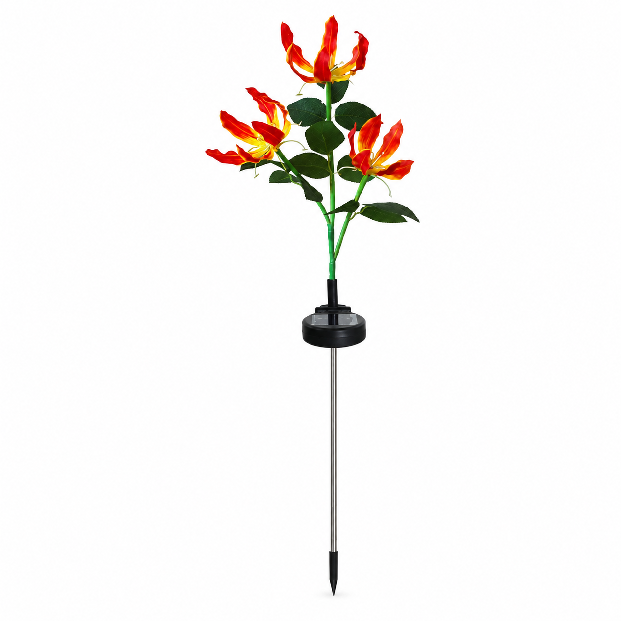 Solar flame lily garden stake light on a white background