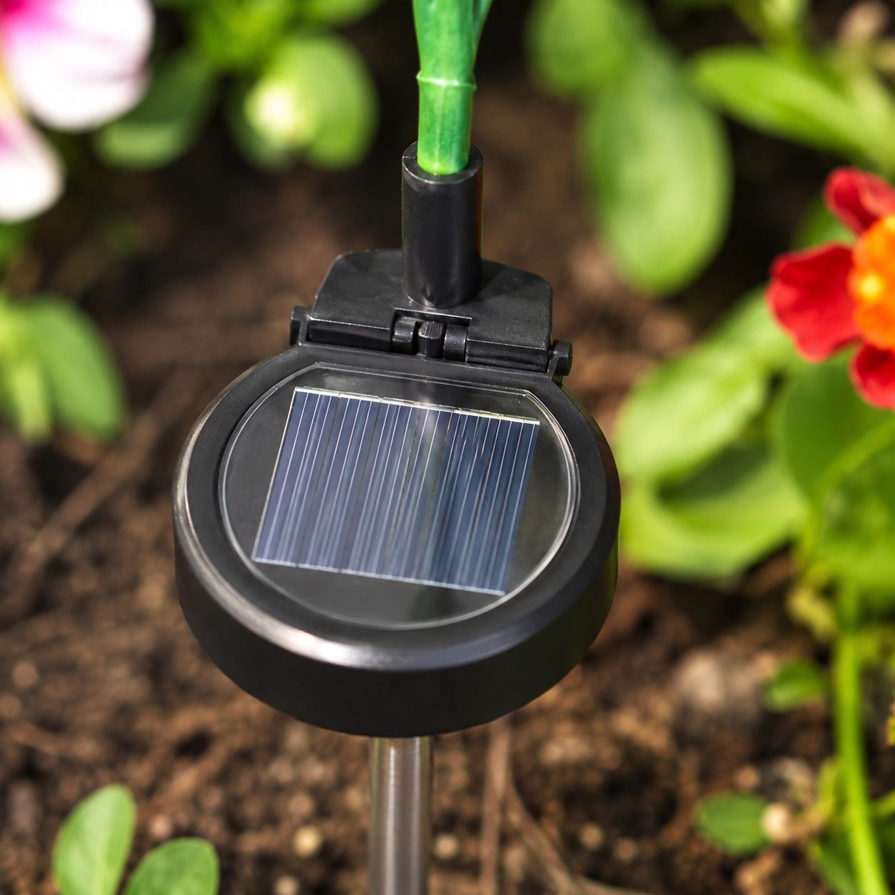 Top view of the solar panel on a flame lily garden stake light
