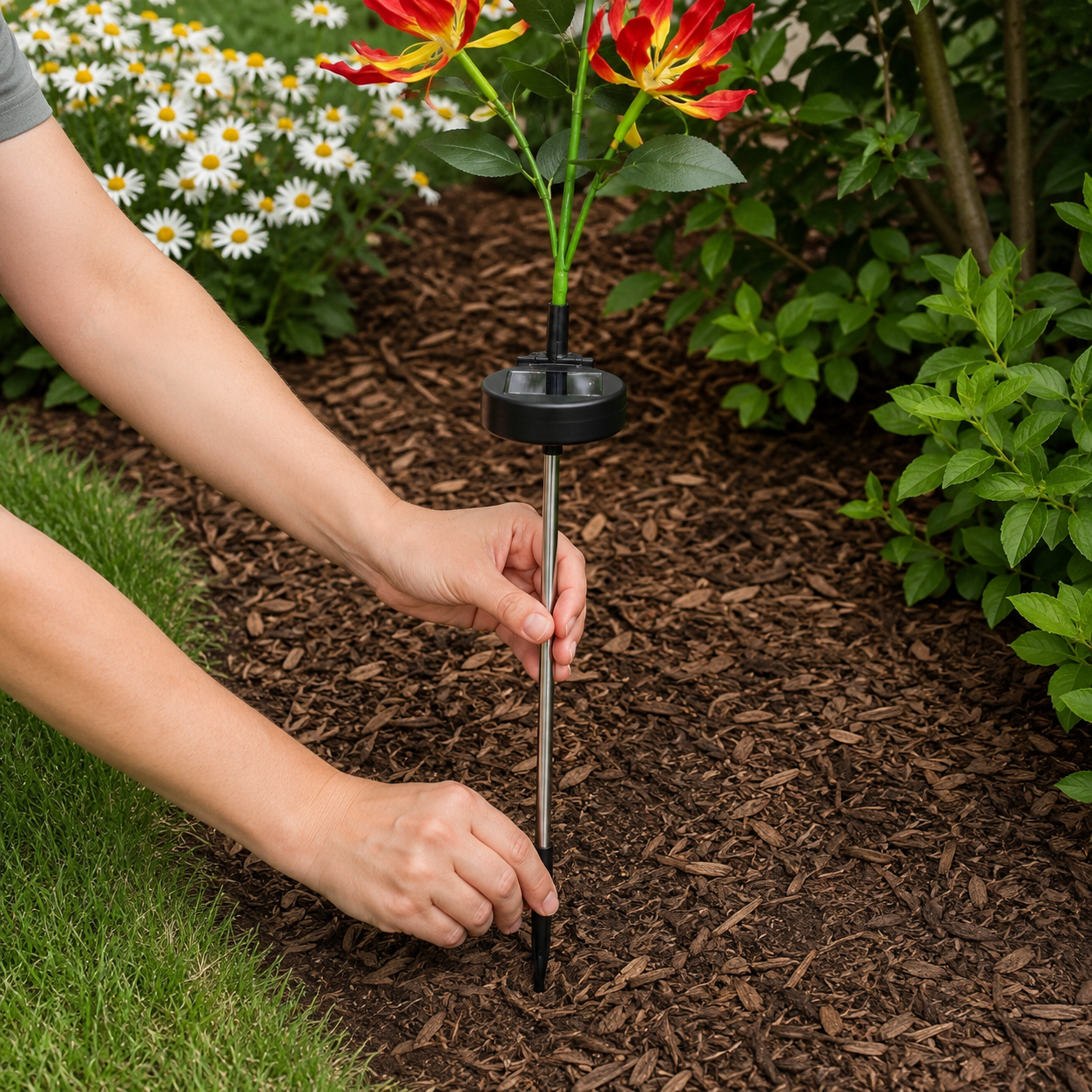 Hands placing a solar flame lily light into a flower bed