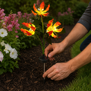 Hands placing a solar flame lily stake light into a garden bed