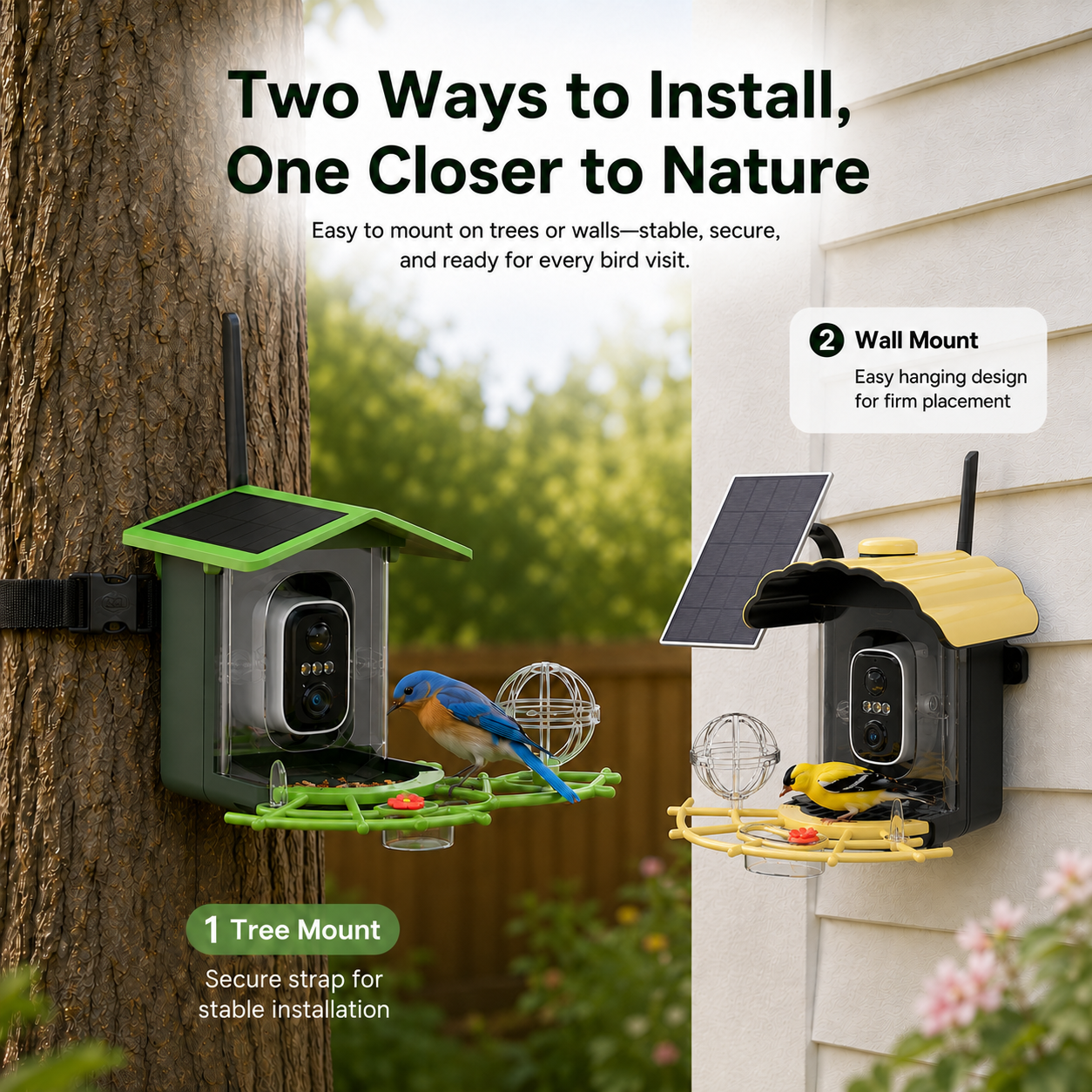 Green and yellow smart bird feeder cameras mounted to a tree and wall
