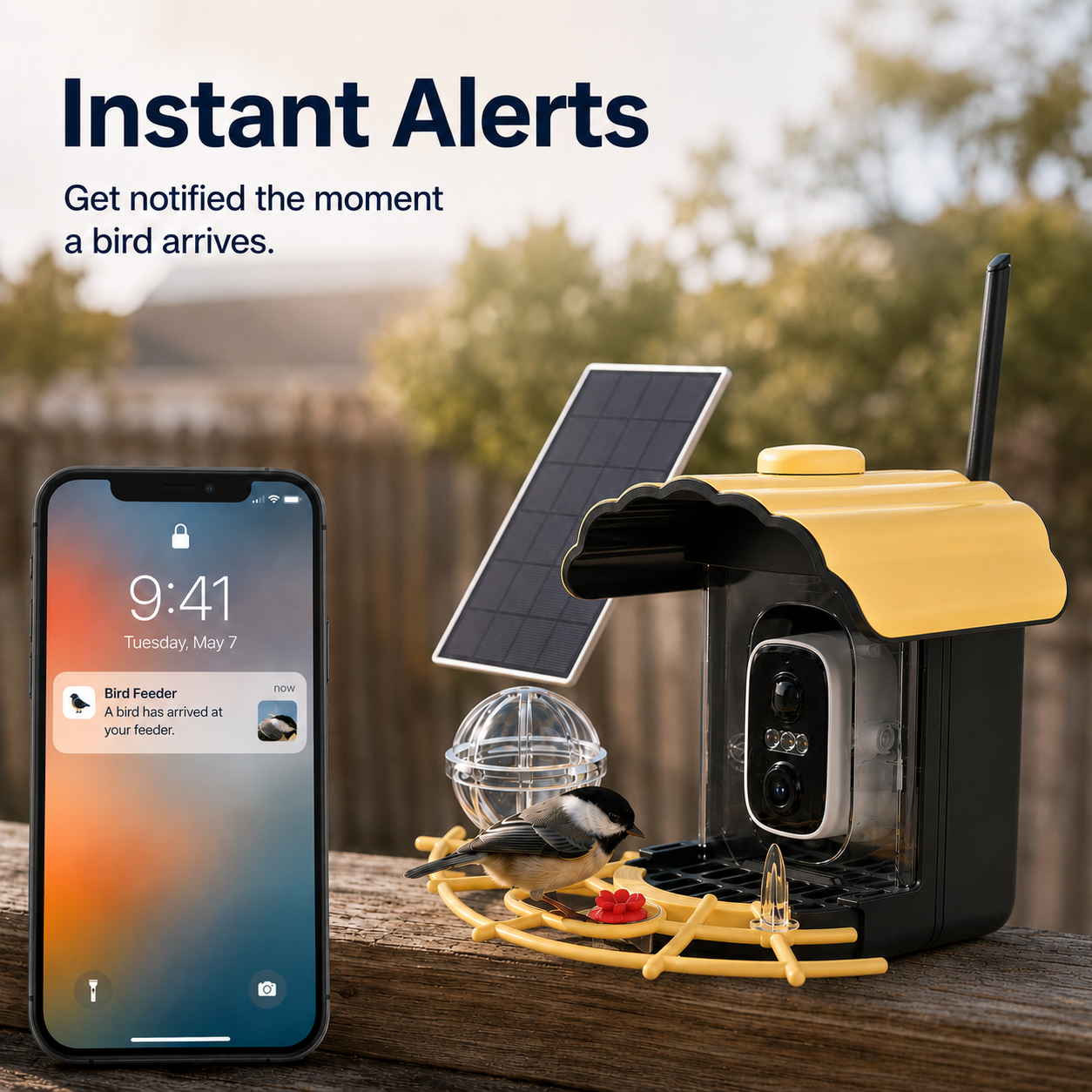 Bird arrival alert shown beside a yellow smart bird feeder camera
