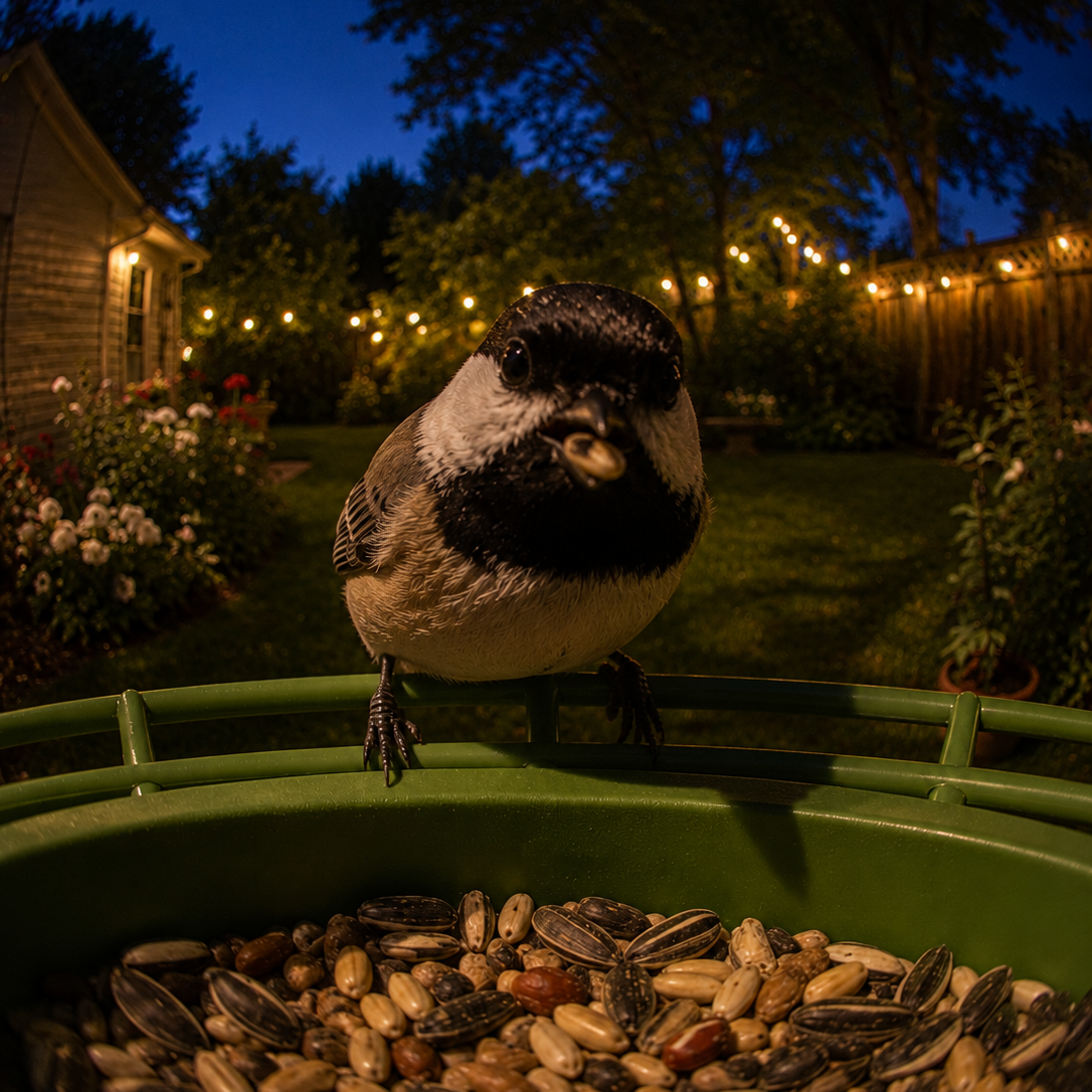 Chickadee at a green smart bird feeder camera at night