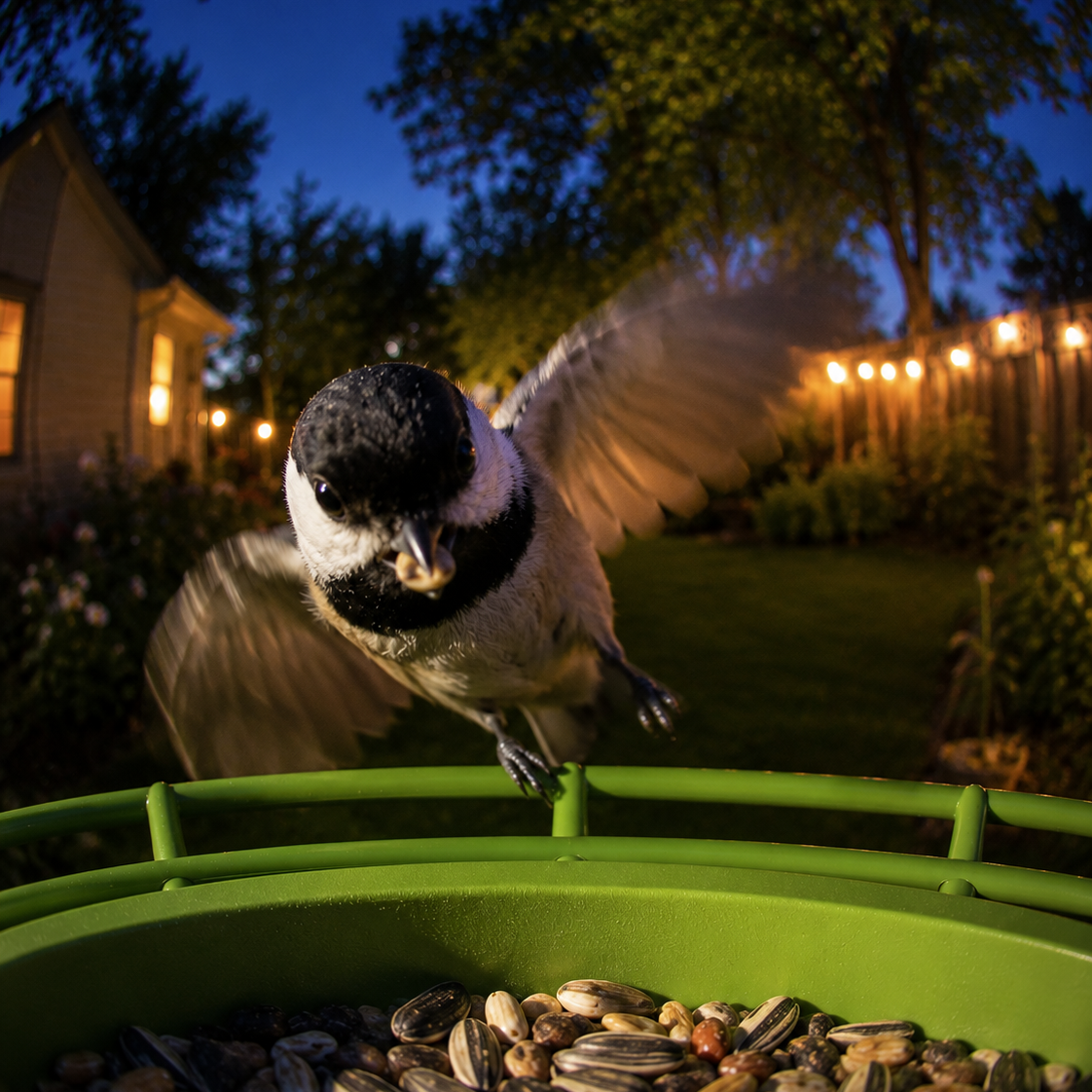 Chickadee landing at a green smart bird feeder camera at night