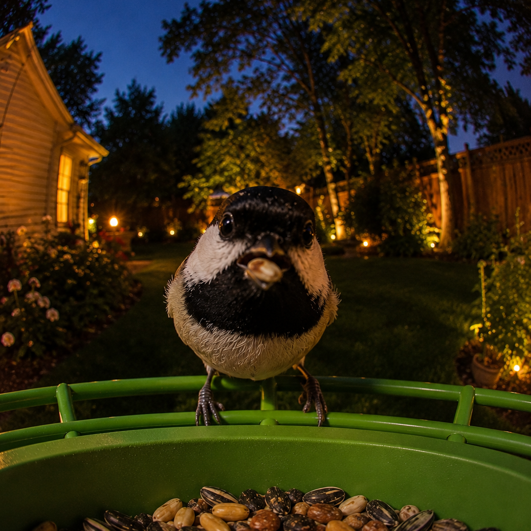 Chickadee facing a green smart bird feeder camera at night