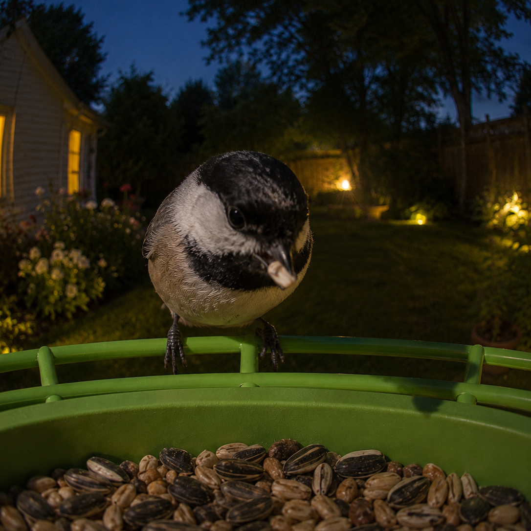 Chickadee feeding from a green smart bird feeder camera at night
