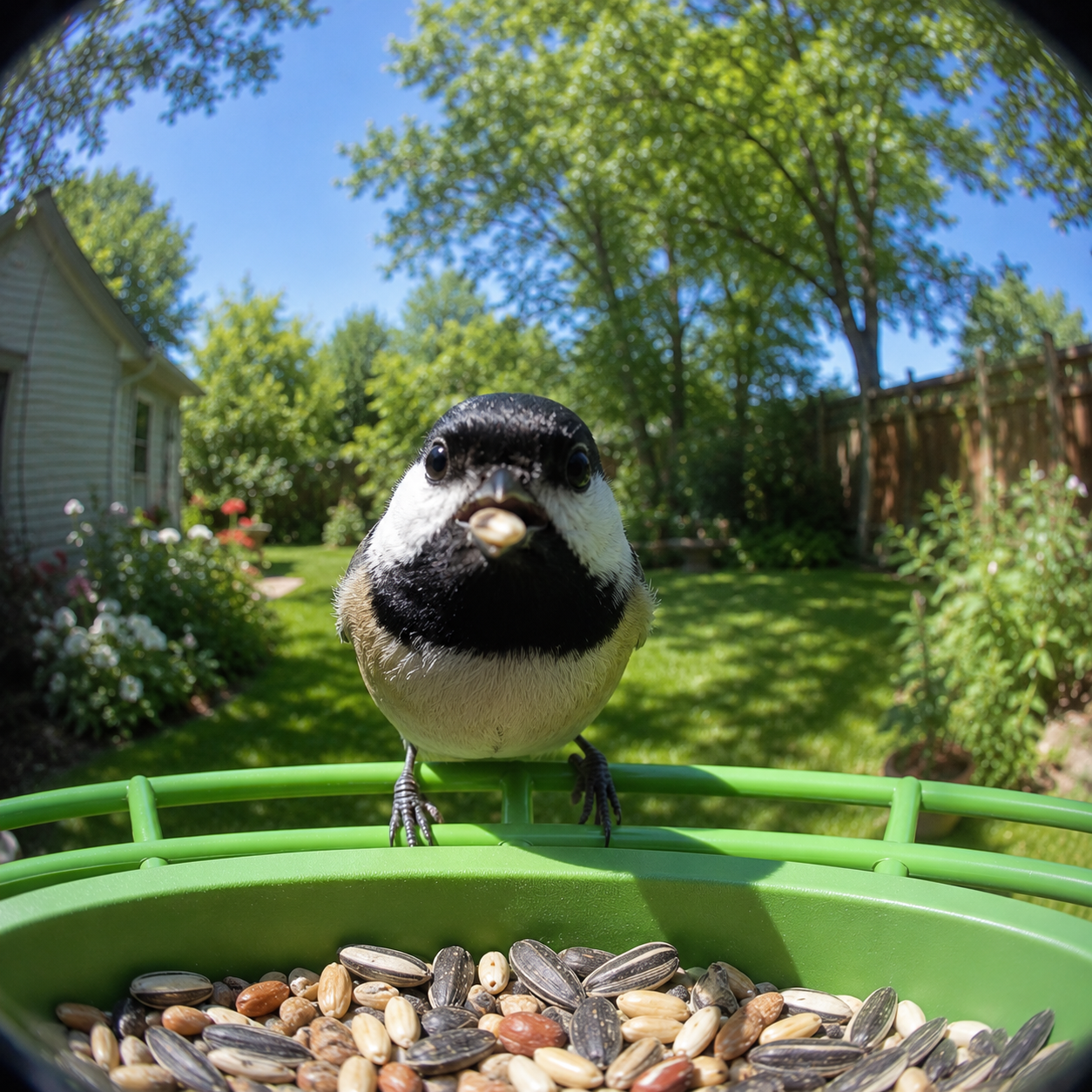 Chickadee close to a green smart bird feeder camera in daylight