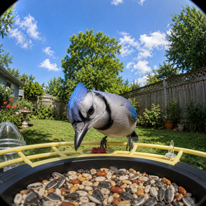 Blue jay at a yellow smart bird feeder camera